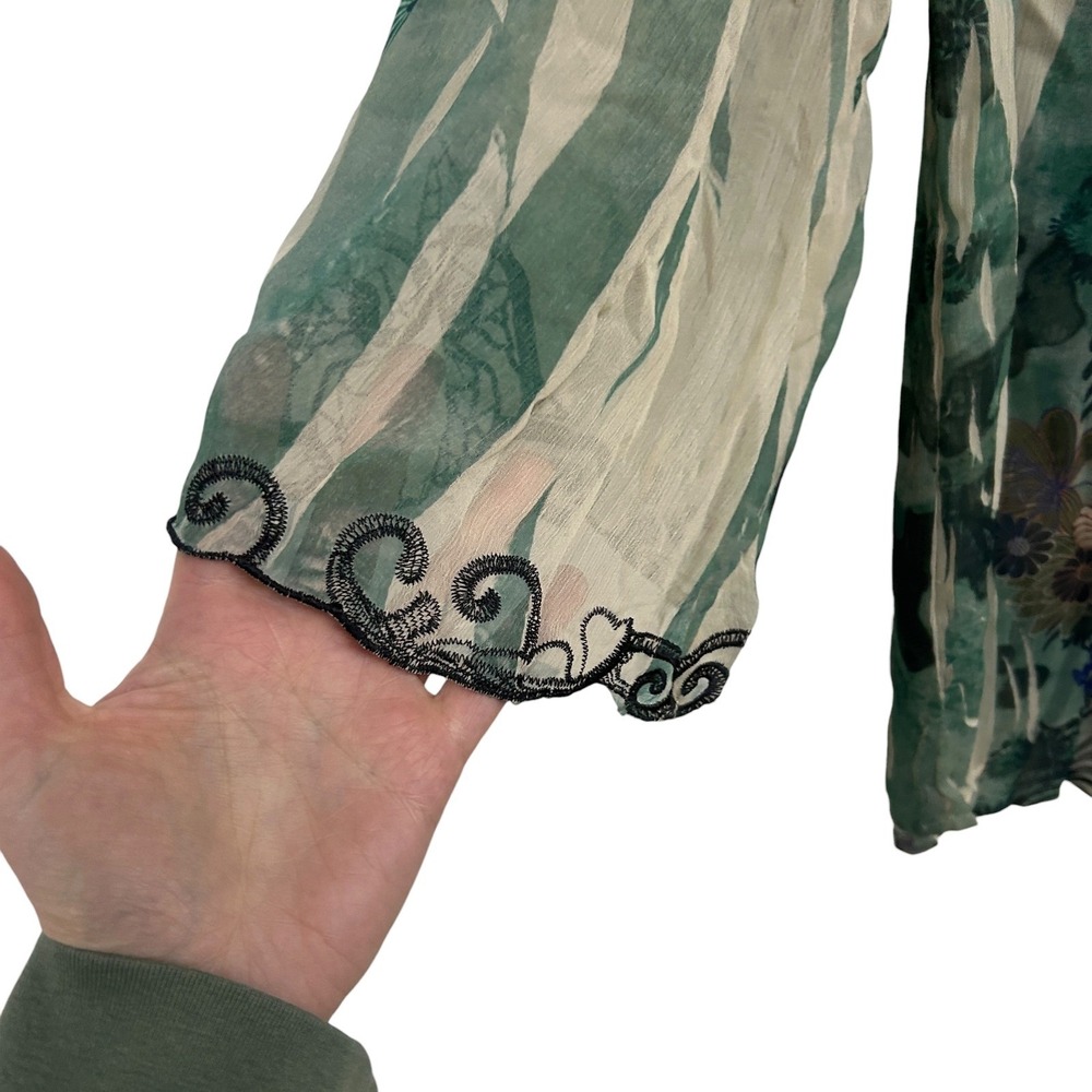 Fairy Sheer Embroidered Lace Floral Top S‎ Green Flowy Chiffon Romantic Boho - Picture 2 of 7